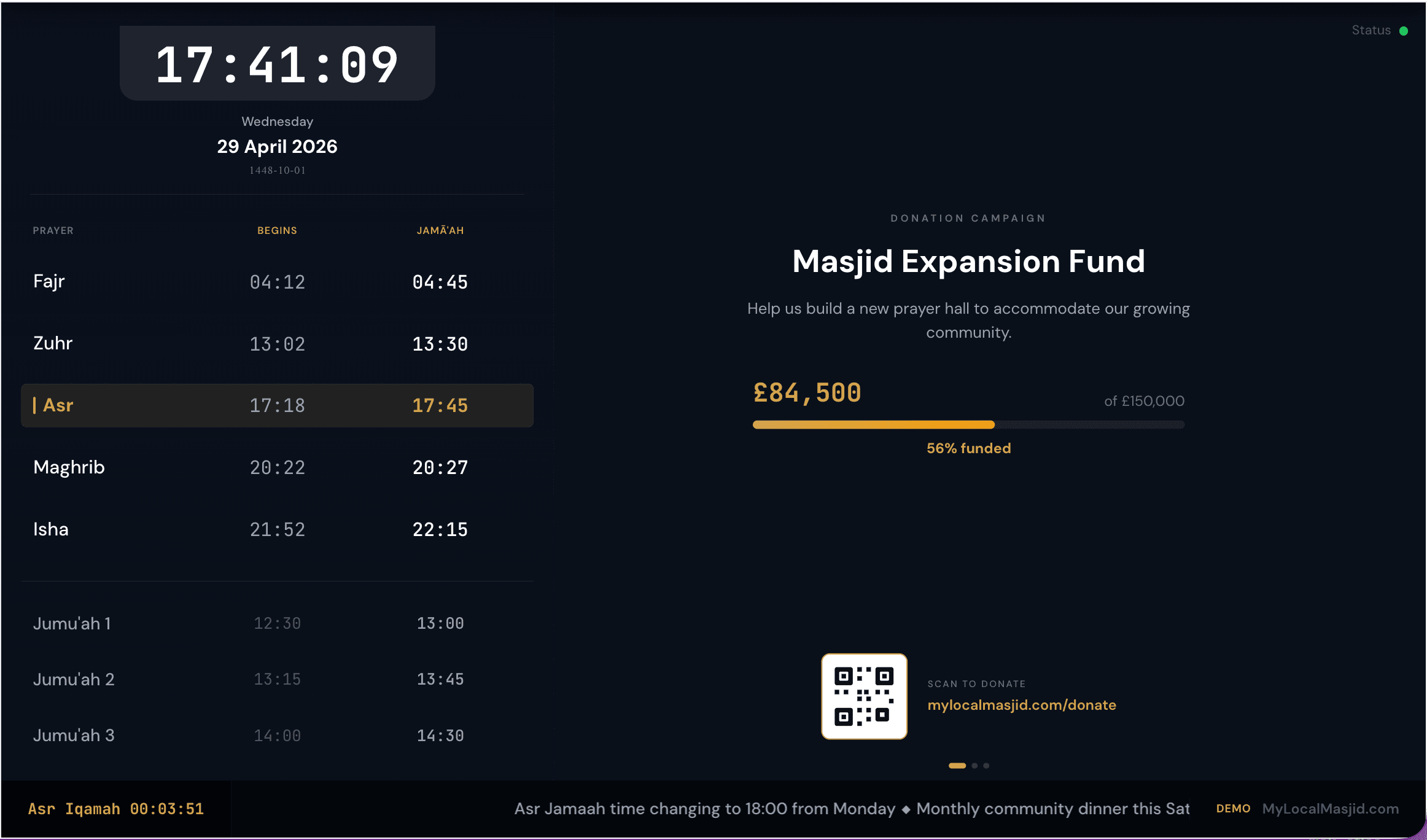 Example prayer-hall screen showing today's begins and jama'ah times, Jumu'ah times and a donation campaign