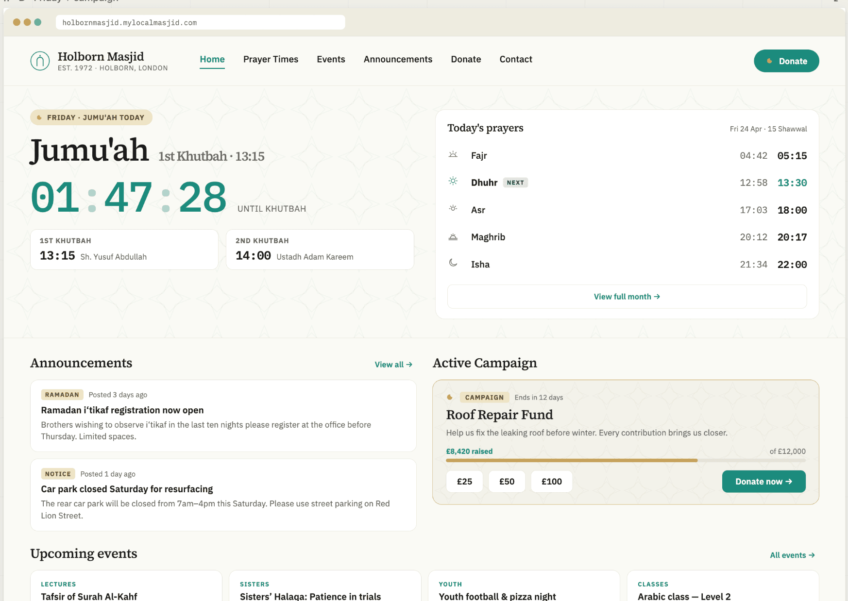 Example masjid website showing today's prayer times, a Jumu'ah countdown, announcements and a donation campaign
