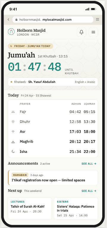 Example masjid website on a phone showing the Jumu'ah countdown and today's prayer times